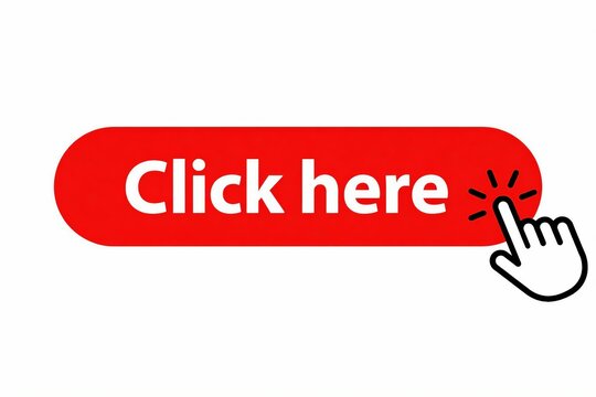 A vibrant red button with click here text being tapped by a cartoon finger for user interaction.