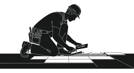 A construction worker kneels while laying tiles depicted in a striking black and white silhouette high quality professional detailed modern elegant © mrvect02