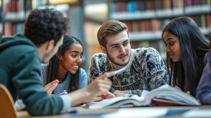 Obraz premium Students collaborating on a research project inside a library while reviewing open textbooks and discussing academic topics at a wooden study table.
