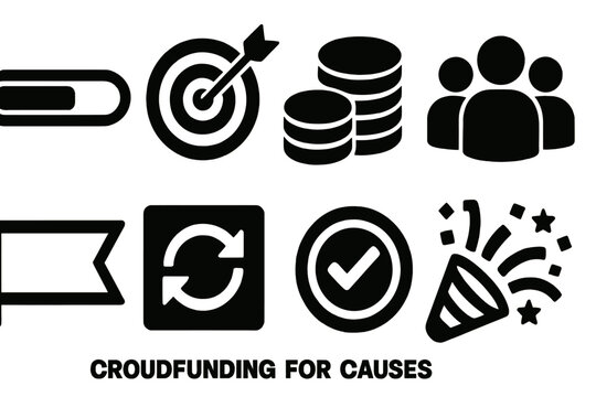 Crowdfunding Icons Set. Crowdfunding for Causes silhouette set: progress bar, goal target, coin stack, support team, campaign banner, social share icon, approval stamp, celebration