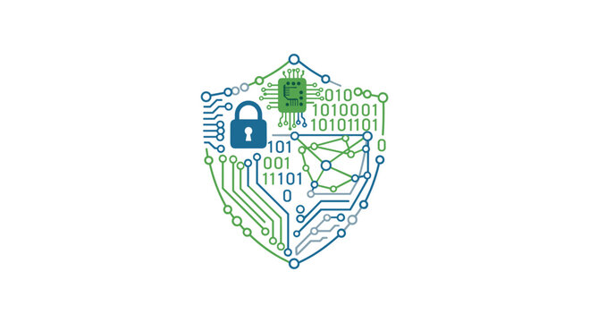 A digital security shield constructed from intricate green and blue circuit patterns and binary code features a prominent blue padlock at its center.