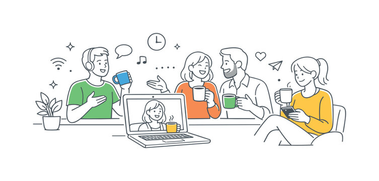 Remote coffee break during a work-from-home routine where individuals take a pause while staying connected digitally, depicted by a laptop and a coffee mug as the main