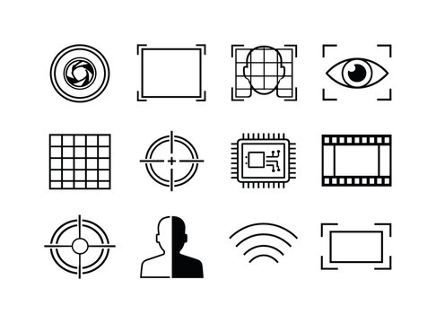 Computer vision detection: camera lens, bounding box object, facial recognition grid, eye scan frame, image pixel grid, detection crosshair, ai vision chip, video frame,