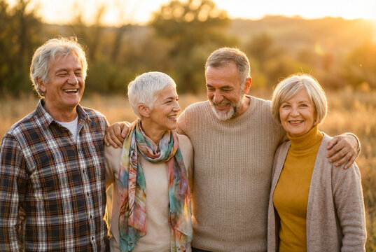 Group of four happy senior friends laughing together in nature at sunset