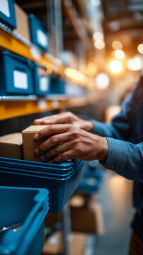 Close up of hands checking a shelf filled with boxes and blue storage bins at a bright warehouse the hands adjusting a box position and the shelf showing organized inventory