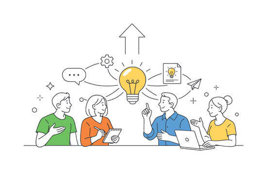 A collaborative creativity scenario where teams share perspectives to develop innovative ideas and solutions together, depicted through a simple scene with a central idea