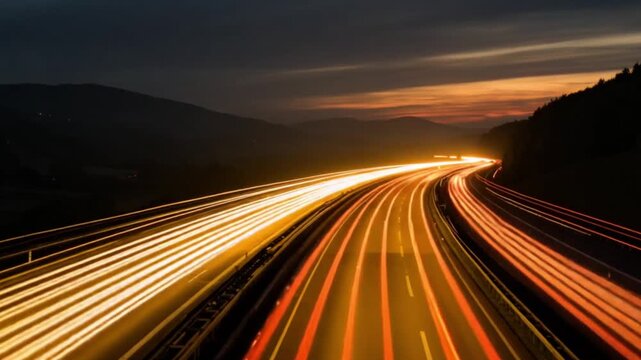 Long exposure of car lights on highway at dusk with mountainous silhouette backdrop