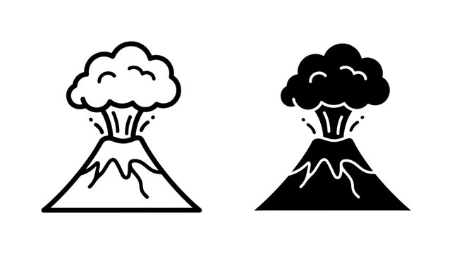 black and white illustration of two erupting volcanoes one with smoke rising from peak