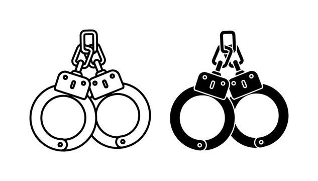 black and white line art vector icon set of handcuffs isolated on white background