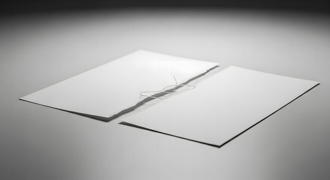 Two pieces of torn white paper held together by a thin thread