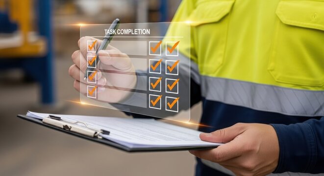 Warehouse worker checking off tasks on a digital interface