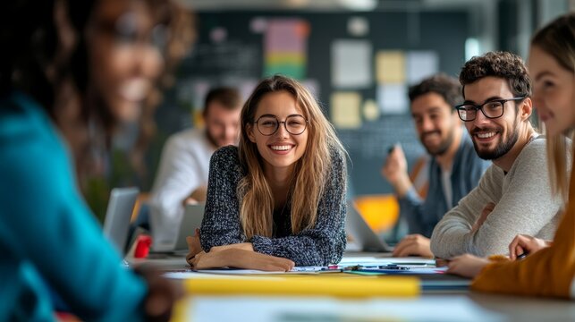 Professional woman smiles confidently at the camera while her diverse team of colleagues continues their collaborative work in the background of a modern office.