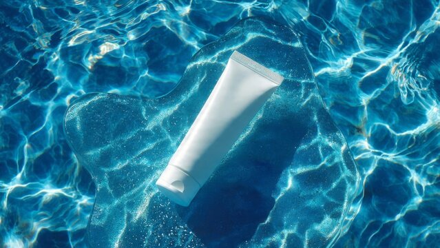 White cosmetic tube mockup on ice block in blue swimming pool water