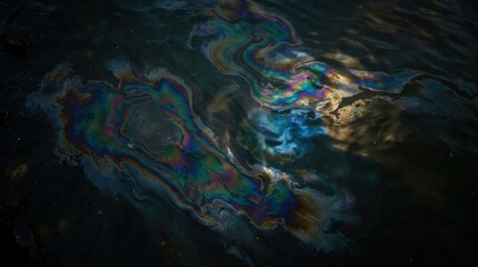 Naklejka premium vibrant oil slick swirls with iridescent rainbow colors on dark water surface