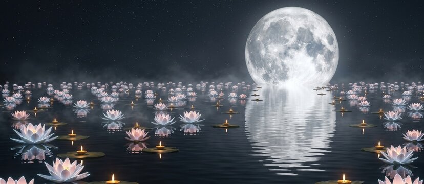 Lotus Flowers Moonlight Sacred Water Scene