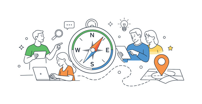 A digital navigation scenario where users move through interfaces and find information efficiently using clear directional cues, illustrated through a clean scene