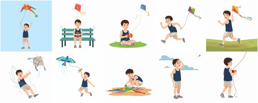 Vector illustration set of a young boy character flying different colorful kites in various outdoor activities and poses