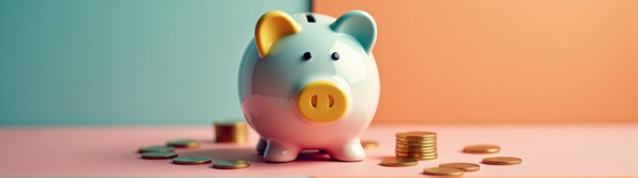 Piggy bank with coins on a table