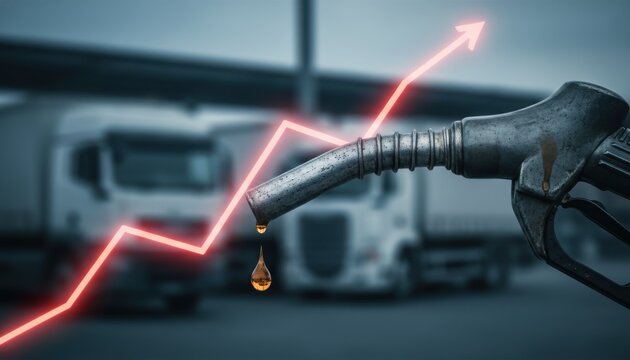 Fuel nozzle with falling oil droplet against blurred trucks and a rising red glowing line graph indicating cost increases