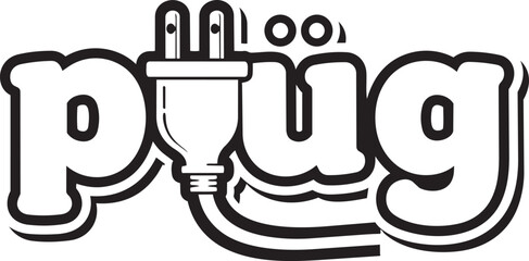 Creative electric plug wordmark logo silhouette with power cable and round bubble font typography design. © GraphicsGear