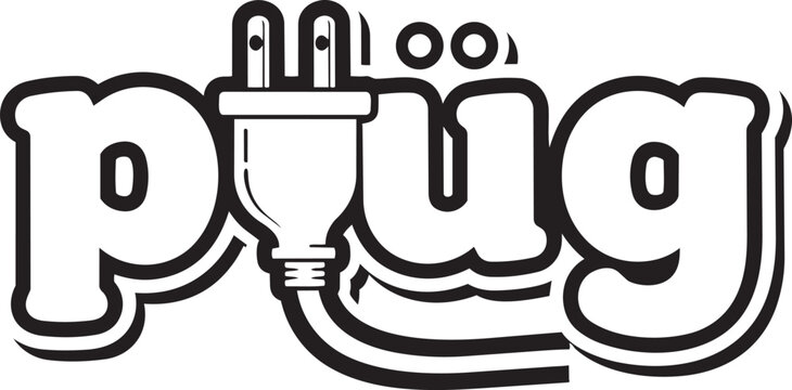 Creative electric plug wordmark logo silhouette with power cable and round bubble font typography design.