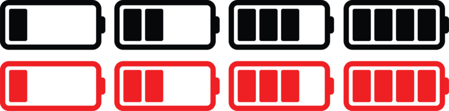 Low Battery Icon Set Isolated on Transparent Background, Empty Battery, Power Level Indicator, Charging Status vector Illustration