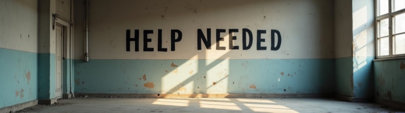 Sign that says help needed in a room