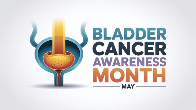 Flat design bladder and urological system illustration with colorful spectrum bar and bladder Cancer Awareness Month May typography