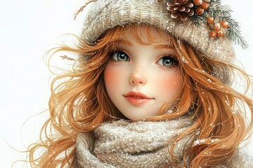 Fototapeta premium Magical Christmas portrait, winter fairy with red hair. Merry Christmas!