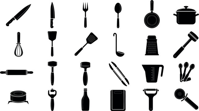 A collection of kitchen utensils and gadgets on white background