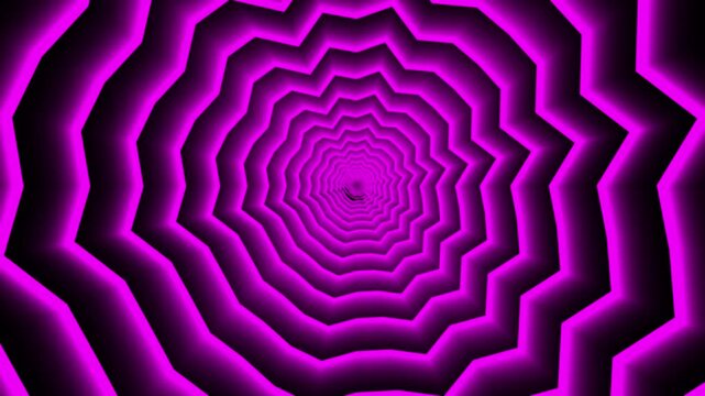 Abstract neon magenta glowing jagged tunnel vortex motion background on black seamless loop