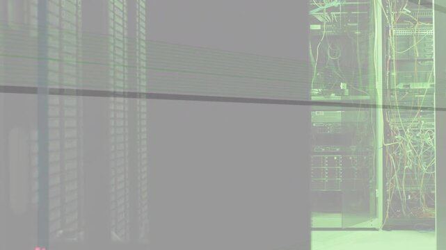 Semi-opaque panel sliding across server rack, camera jitter causing grid lines showing cables, LEDs