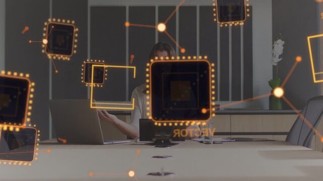 Woman typing on laptop starting glowing chip icons crossing table and obscuring face for tech demo