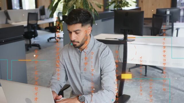 Marketer typing on laptop, overlays appearing on screen, pausing and checking phone for messages