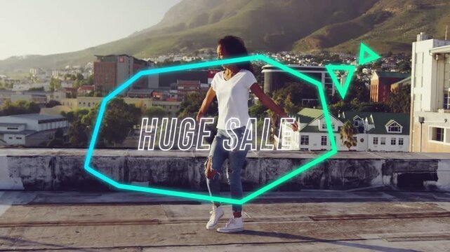 Woman walking rooftop bringing neon cyan polygon with HUGE SALE text pulsing on body for marketing