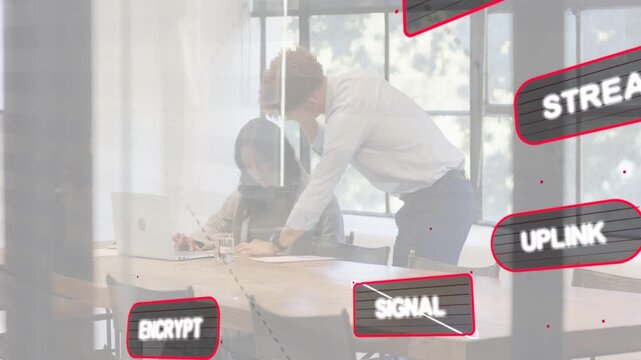 Man tapping phone pointing docs woman scrolling laptop sending animated labels over UI in tech meet