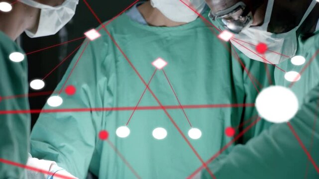 Diverse surgeons in green gowns operating in OR using instruments on sterile drape with red overlay