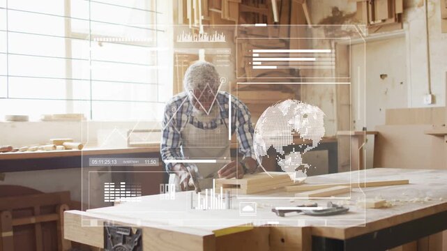 Senior woodworker leaning, planing plank on bench, HUD overlays cycling charts aiding smooth finish