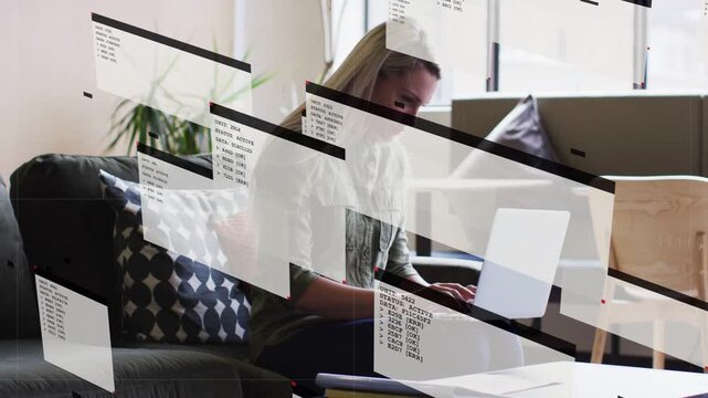 Woman typing on laptop on sofa, initiating animated code panels moving diagonally and layering