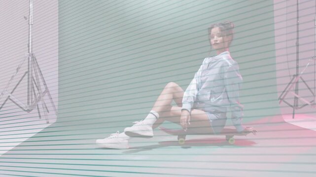 Model posing on board for fashion, neon streaks sweeping across green backdrop causing pose shifts