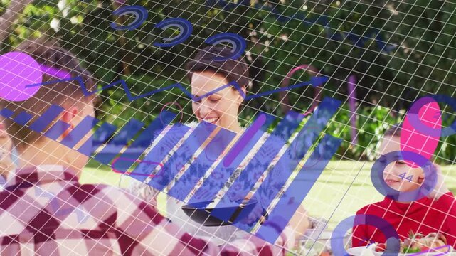 Family reaching at picnic table she serving sharing food for marketing purple-blue grid sweeping