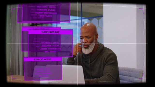 Man seeing magenta alerts stacking, phoning while typing on laptop, addressing security breach