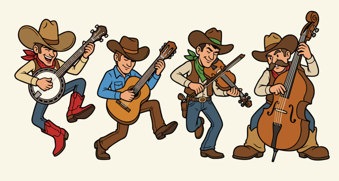 Energetic country music quartet featuring four cowboys playing the banjo, guitar, violin, and stand-up bass. High-quality vector illustration in a retro cartoon style for music festival media.