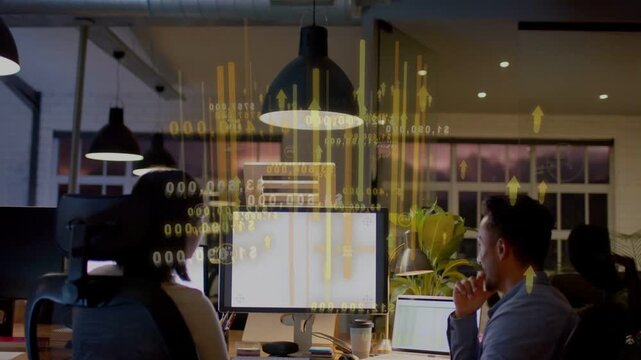 Woman and man watching monitor, on refresh yellow bars and arrows expanding, guiding business moves