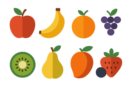 Geometric Fruit Icons. Farm Fresh Produce in geometric flat style apple, banana, orange, grapes, kiwi, pear, mango, berries