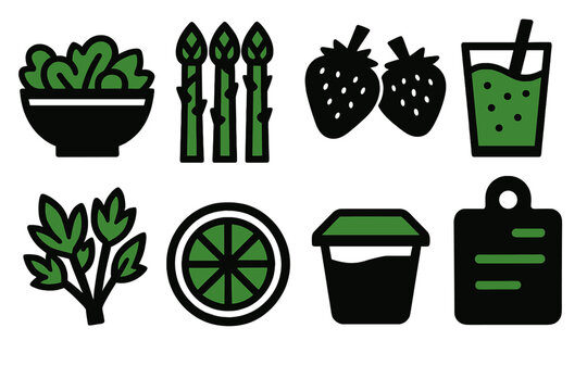 Spring Freshness Icons. Spring Freshness silhouette set: salad bowl, asparagus, strawberries, smoothie glass, herbs, lemon slice, yogurt cup, cutting board