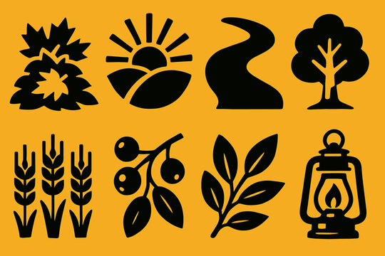 Brutalist Autumn Icons. Golden Autumn silhouette set: leaf pile, sunlight rays, winding path, tree silhouette, wheat field, berries, branch, cozy lantern