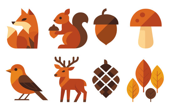 Geometric Autumn Icons. Autumn Wildlife in geometric flat style fox, squirrel, acorn, mushroom, bird, deer, pinecone, leaves