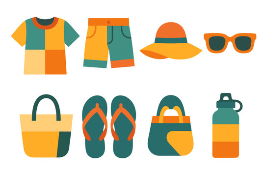 Geometric Summer Icons. Summer Looks in geometric flat style t-shirt, shorts, flip flops, sun hat, sunglasses, tote bag, beach sandals, water bottle