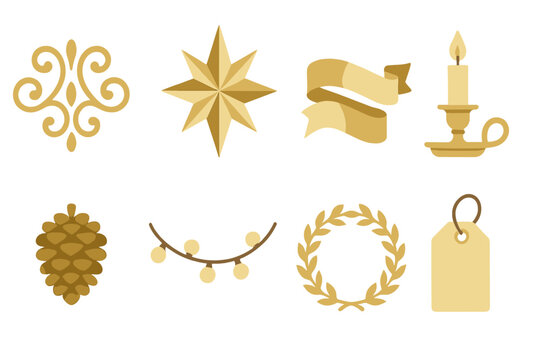 Geometric Holiday Icons. Elegant Decorations in geometric flat style golden ornament, crystal star, shiny ribbon, candle holder, pinecone, light string, wreath, gift tag